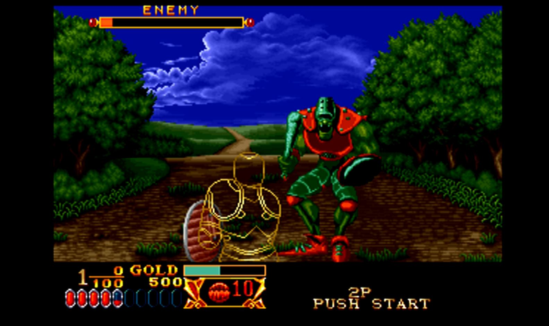 Screen capture of the Neo Geo Mini running the game Crossed Swords, as displayed via HDMI on a television in the system’s 4:3 display mode.